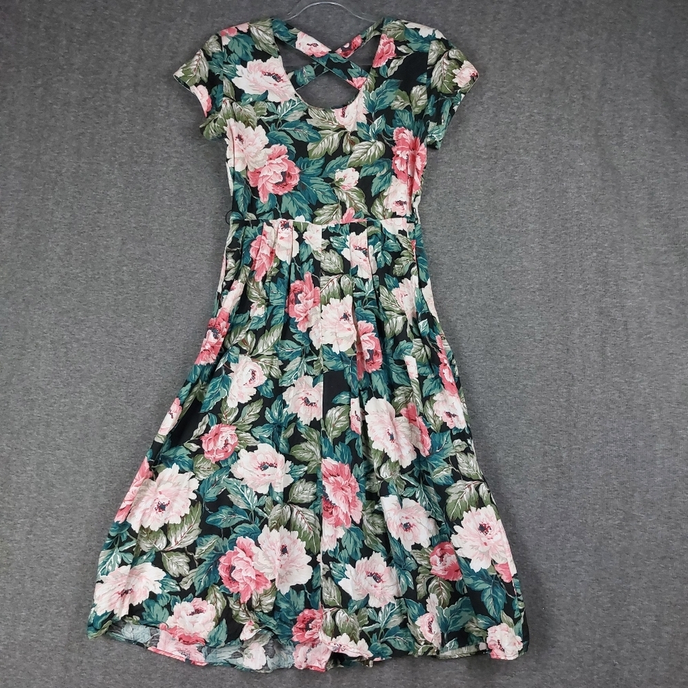CAROL ANDERSON PETITES WOMENS VTG 90S BLACK FLORAL BELTED A LINE DRESS SZ 14P - Picture 7 of 15